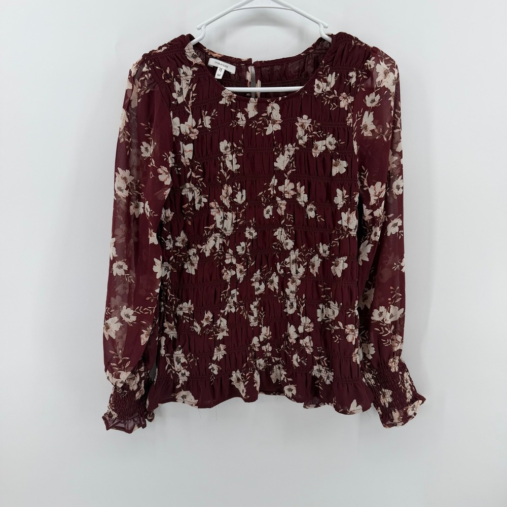 Maurices Floral Smocked Blouse Womens Medium Maroon Long Sleeve Chiffon
